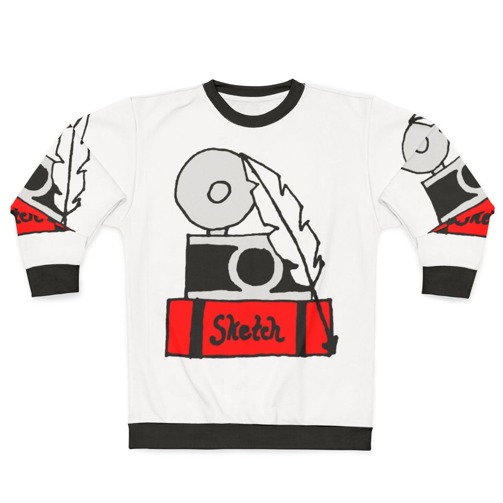 Hobbies Sweatshirt featuring artistic icons like a sketchbook, quill, and camera