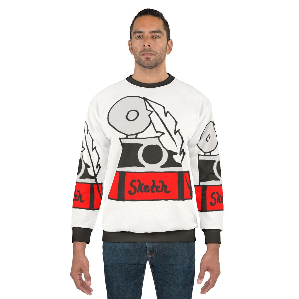 Hobbies Sweatshirt featuring artistic icons like a sketchbook, quill, and camera