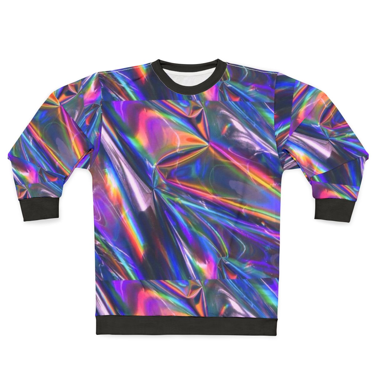Holographic material sweatshirt with shiny, iridescent texture