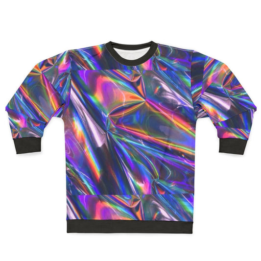 Holographic material sweatshirt with shiny, iridescent texture