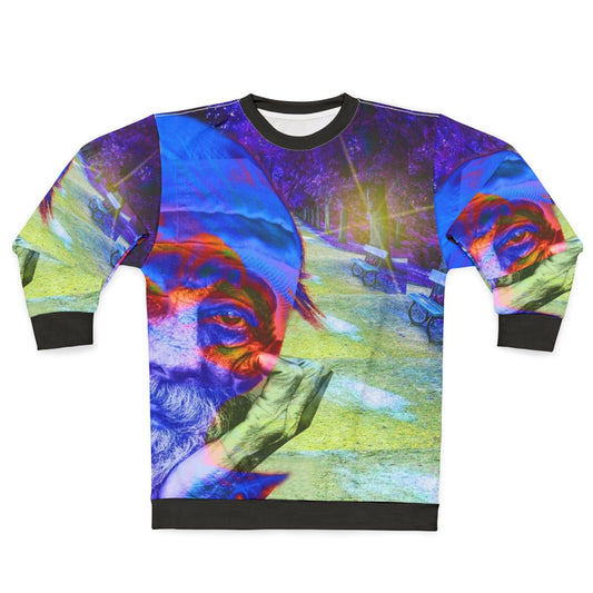 Homelessness awareness sweatshirt with colorful abstract patterns and typography