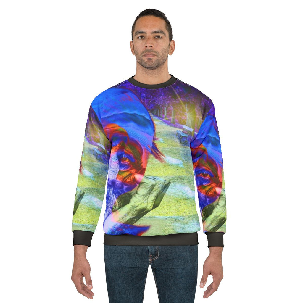 Homelessness awareness sweatshirt with colorful abstract patterns and typography