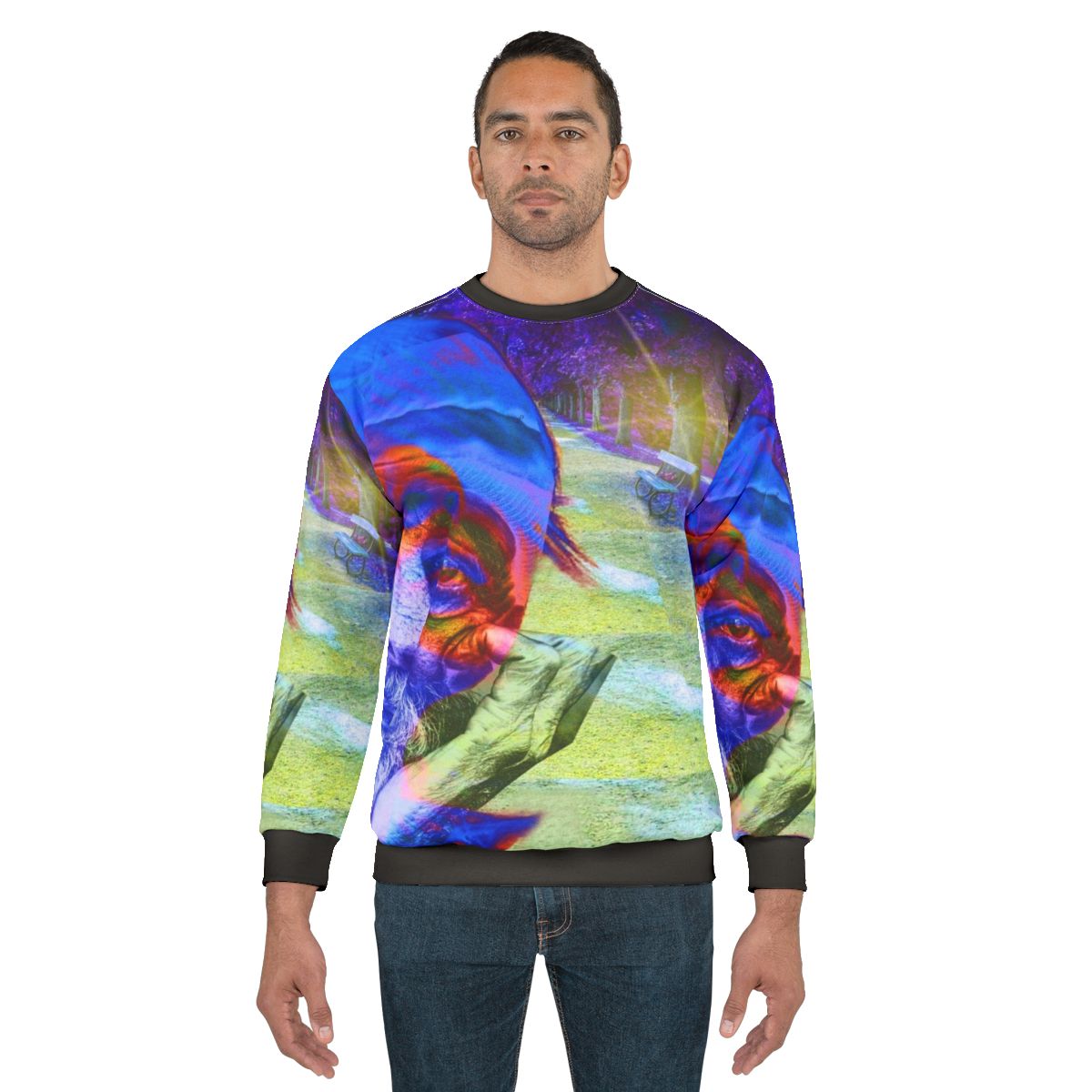 Homelessness awareness sweatshirt with colorful abstract patterns and typography
