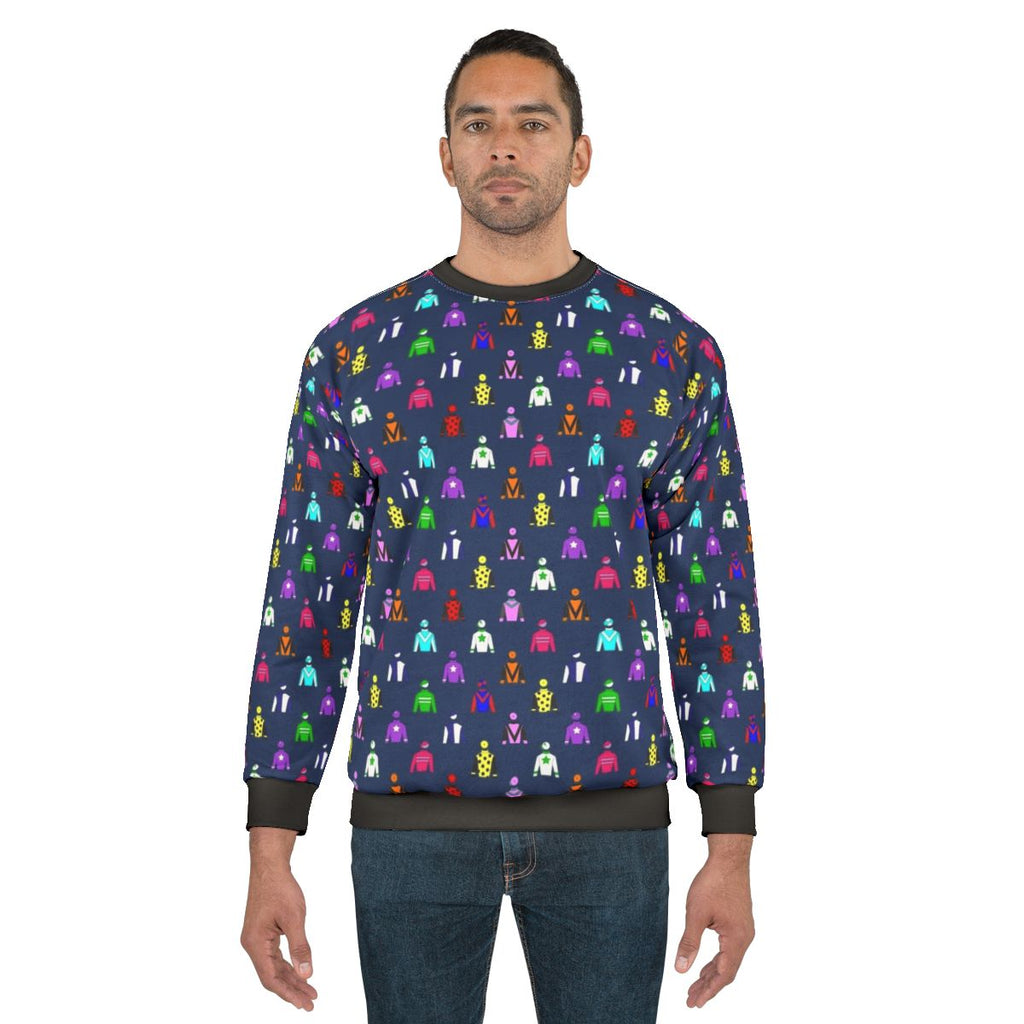 Horse racing jockey silks sweatshirt in navy blue with colorful pattern