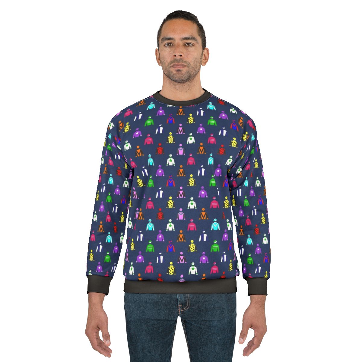 Horse racing jockey silks sweatshirt in navy blue with colorful pattern
