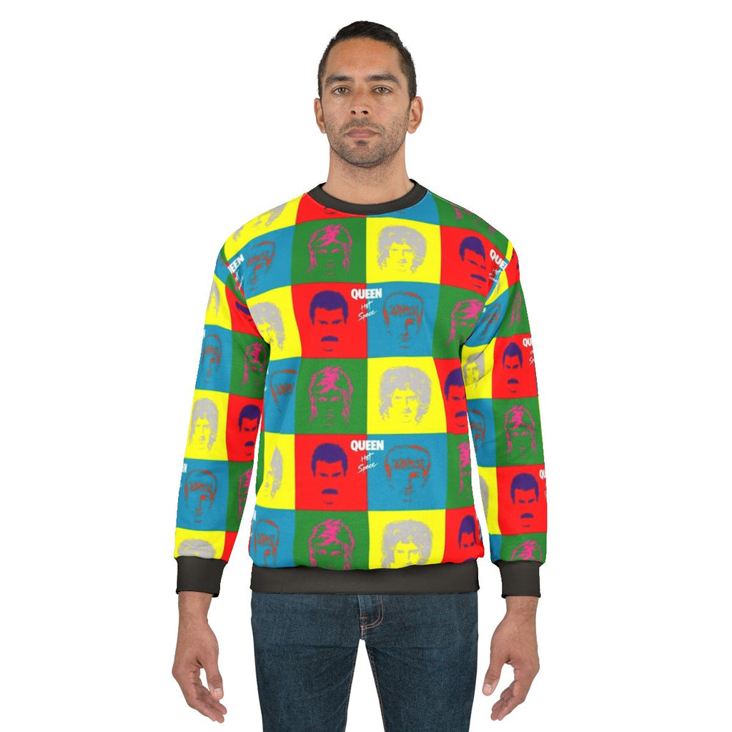 Model wearing a cozy space-themed sweatshirt