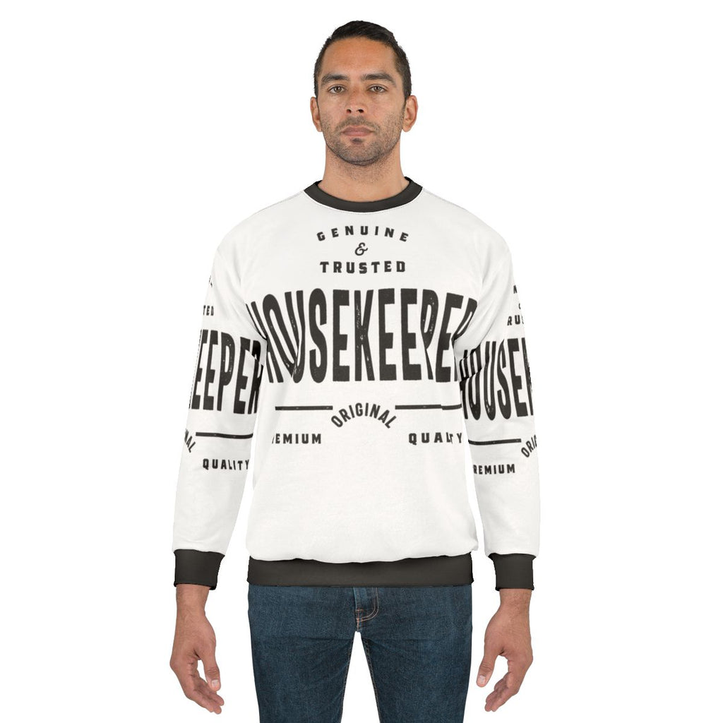 Housekeeper wearing a comfortable and practical sweatshirt for work