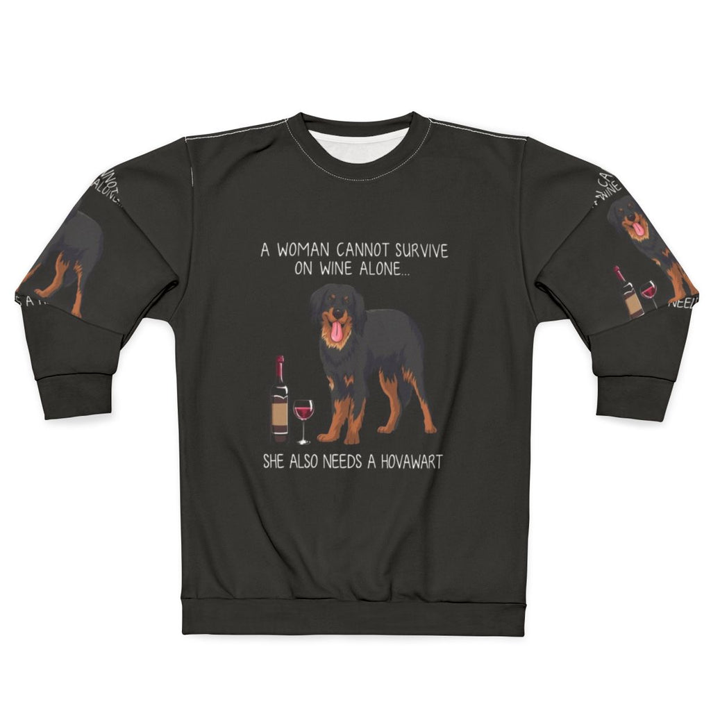 Hovawart dog wearing a funny sweatshirt with dog and wine design