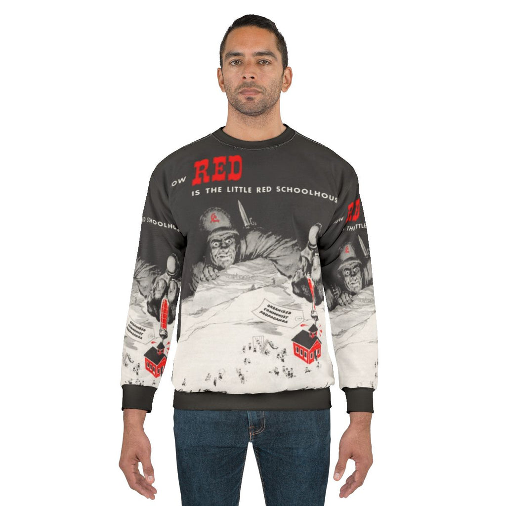 Vintage red school house sweatshirt with American flag design
