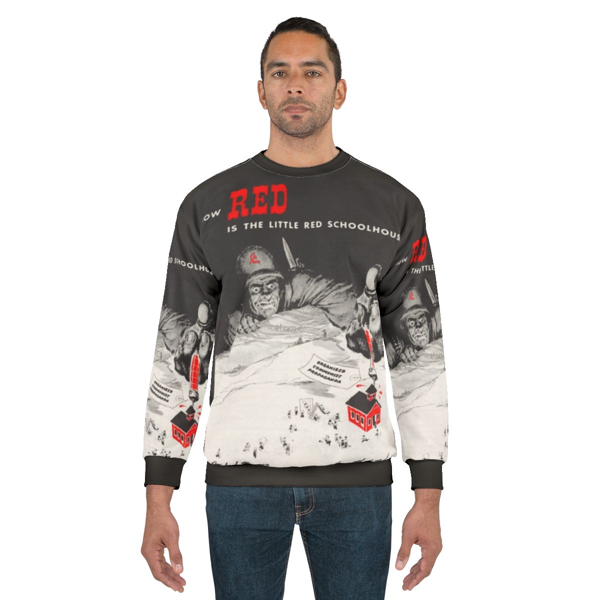 Vintage red school house sweatshirt with American flag design