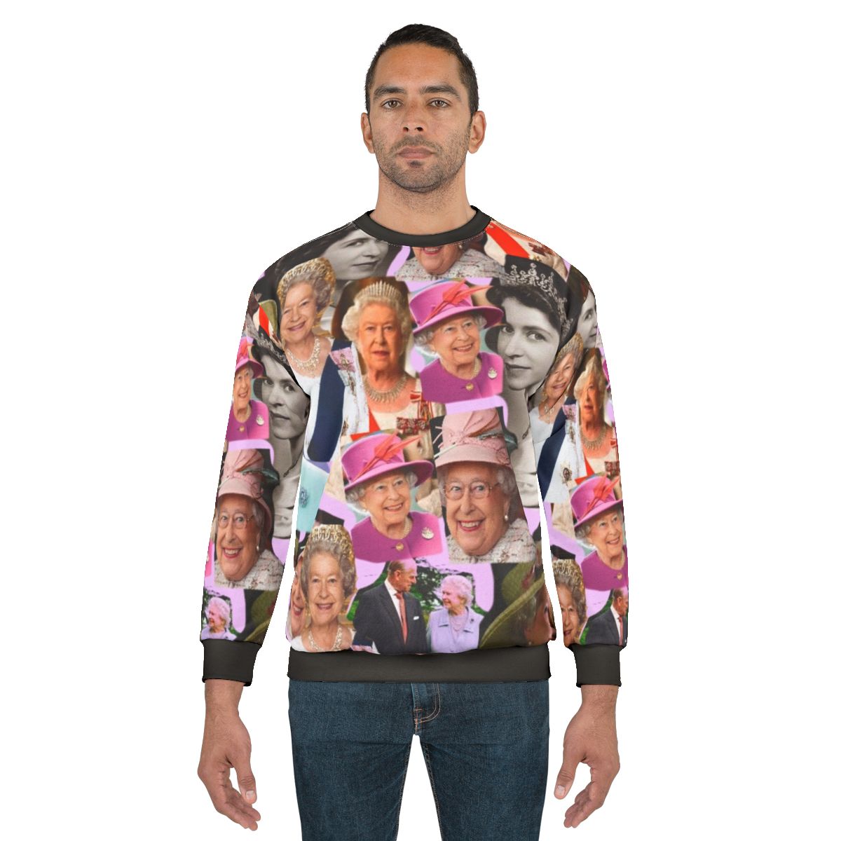 Queen Elizabeth II Sweatshirt featuring a pop art collage design