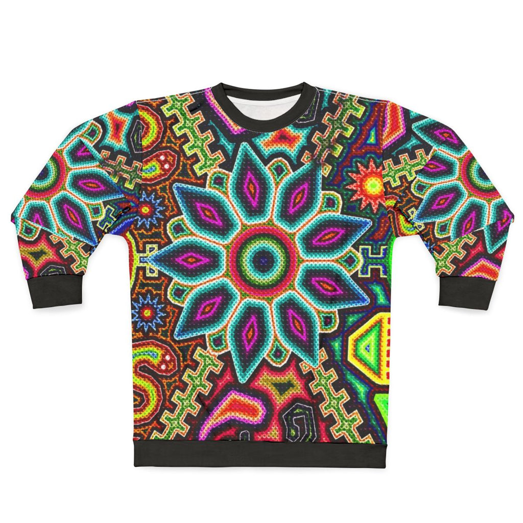 Huichol art inspired Mexican sweatshirt with vibrant colors and prehispanic design