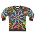Huichol art inspired Mexican sweatshirt with vibrant colors and prehispanic design