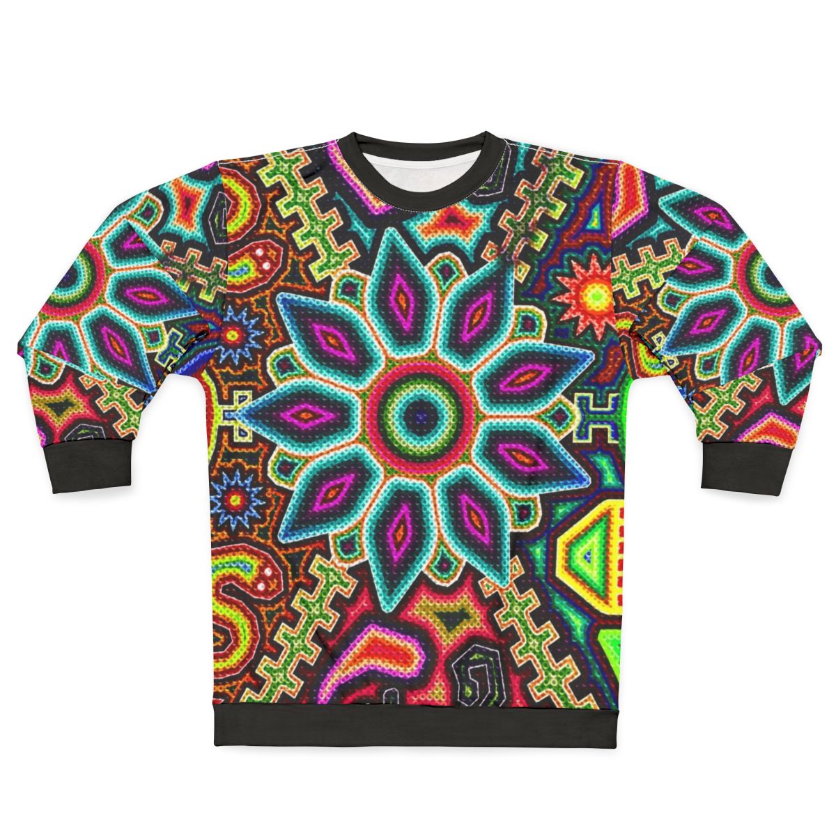 Huichol art inspired Mexican sweatshirt with vibrant colors and prehispanic design