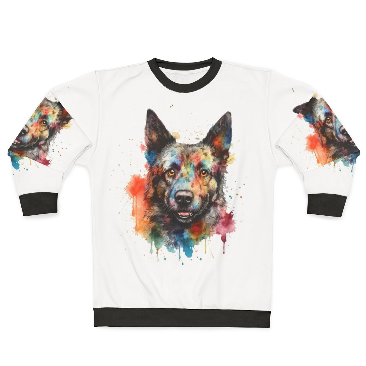 Bright watercolor painting of a Hungarian Mudi dog on a sweatshirt