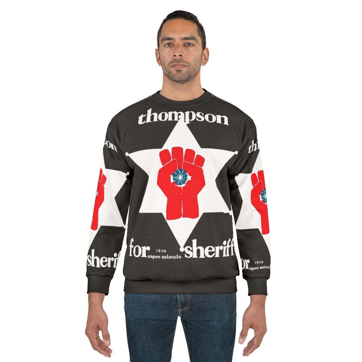Hunter S. Thompson inspired sheriff sweatshirt with gonzo and psychedelic design