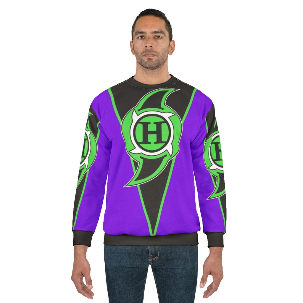 Purple sweatshirt with hurricane wrestler graphic