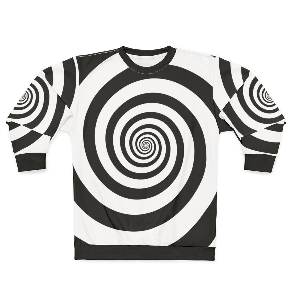 Hypnotic black and white swirl sweatshirt with psychedelic pattern