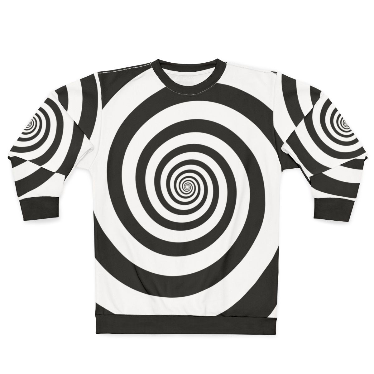 Hypnotic black and white swirl sweatshirt with psychedelic pattern