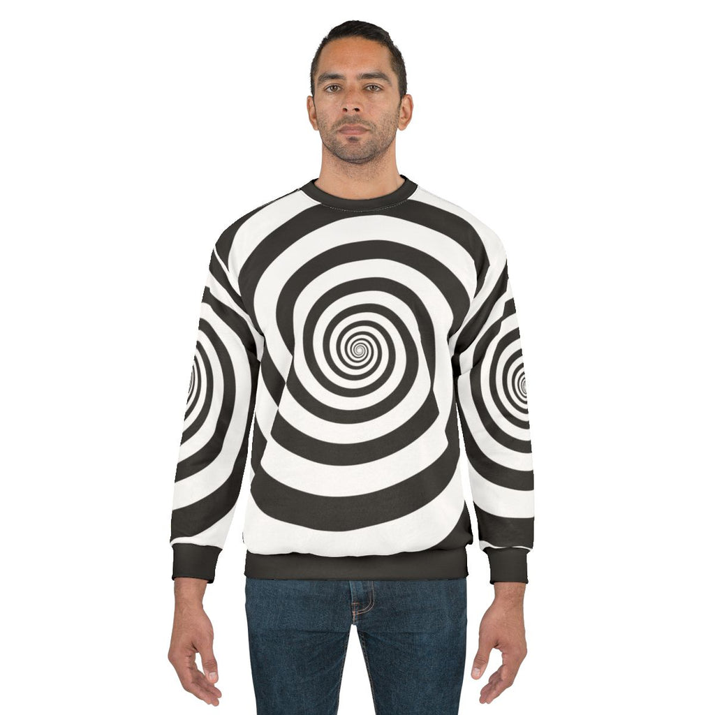 Hypnotic black and white swirl sweatshirt with psychedelic pattern
