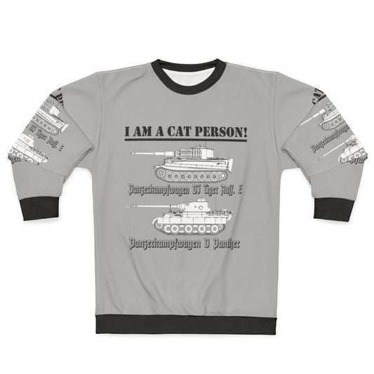 Military-inspired "I Am A Cat Person" sweatshirt with retro WWII design