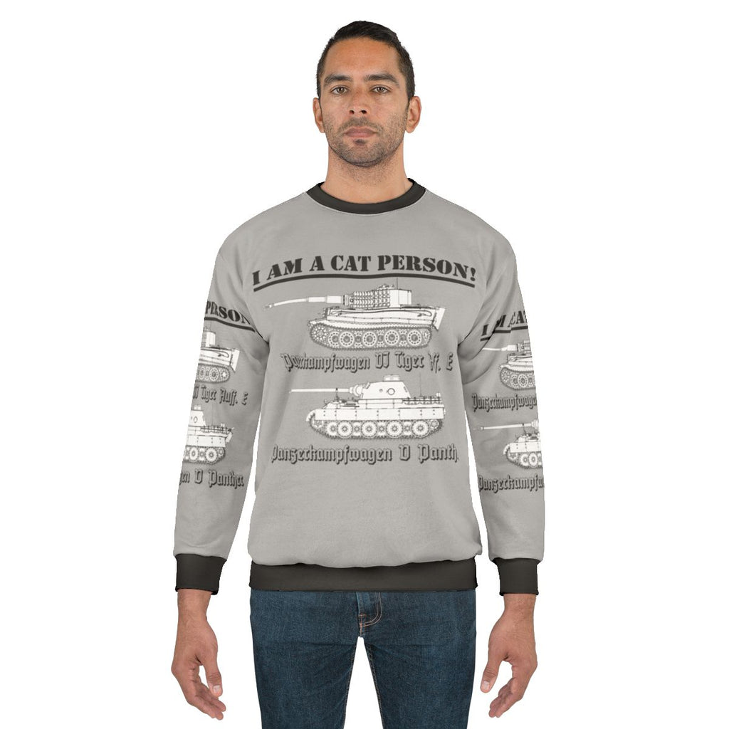 Military-inspired "I Am A Cat Person" sweatshirt with retro WWII design