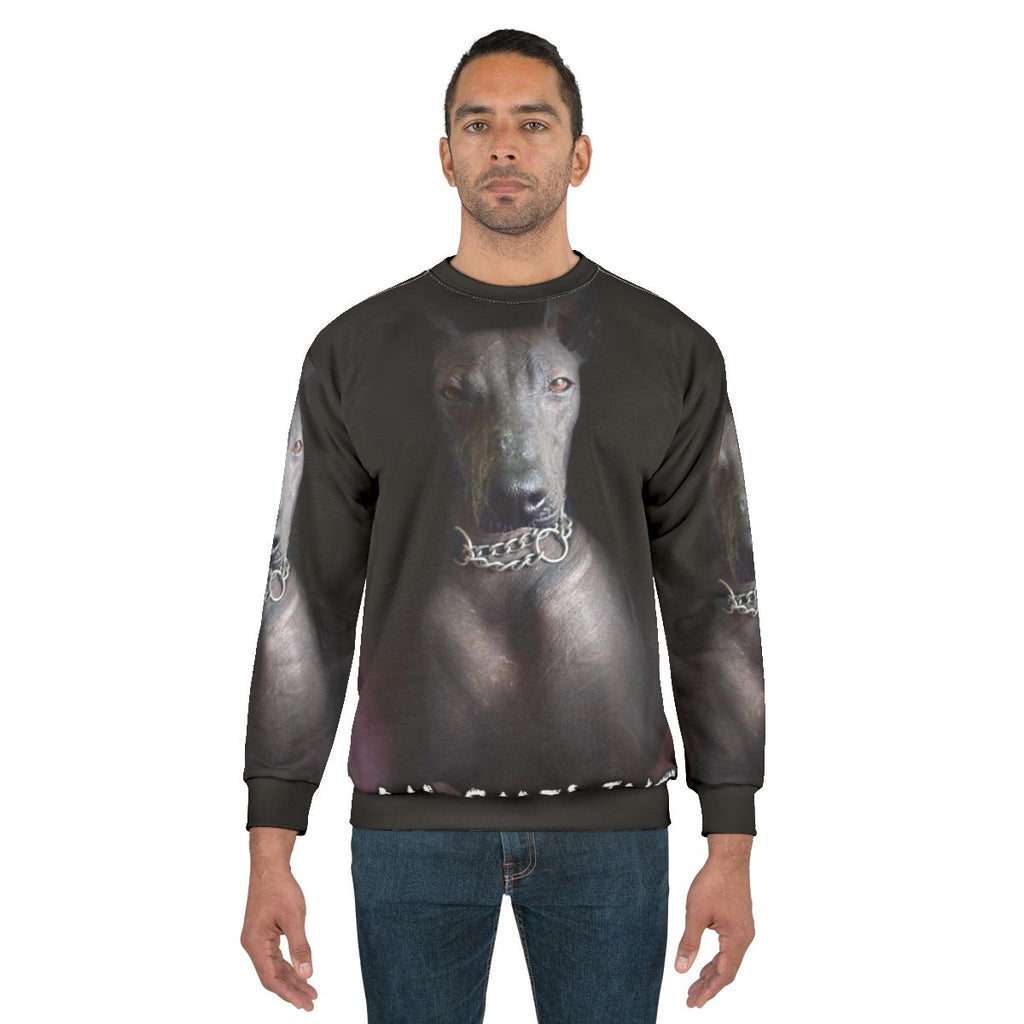 Xoloitzcuintle dog on a smiling sweatshirt