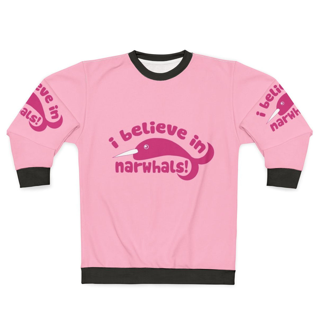 Pink sweatshirt with graphic of a cute narwhal and the text "I Believe in Narwhals"