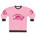 Pink sweatshirt with graphic of a cute narwhal and the text "I Believe in Narwhals"