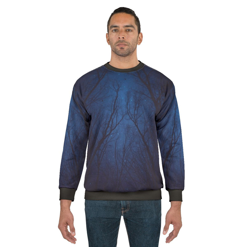 Starry night galaxy sweatshirt with quote "I Have Loved The Stars Too Fondly"