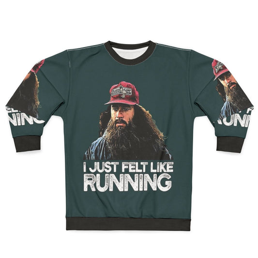 "I Just Felt Like Running" Forrest Gump inspired graphic on a cozy sweatshirt