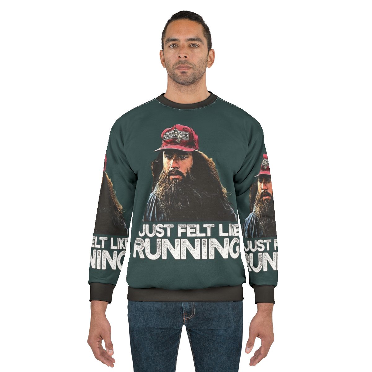 "I Just Felt Like Running" Forrest Gump inspired graphic on a cozy sweatshirt