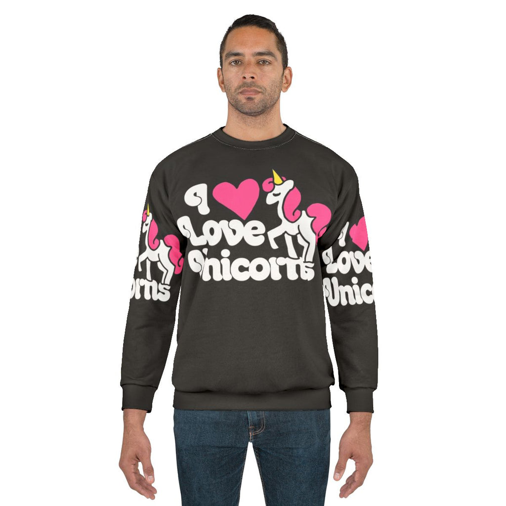 Cozy pink unicorn sweatshirt with "I Love Unicorns" text
