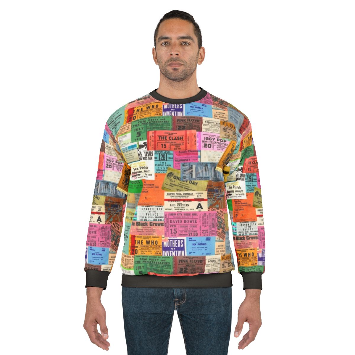 Vintage concert sweatshirt with ticket stubs design