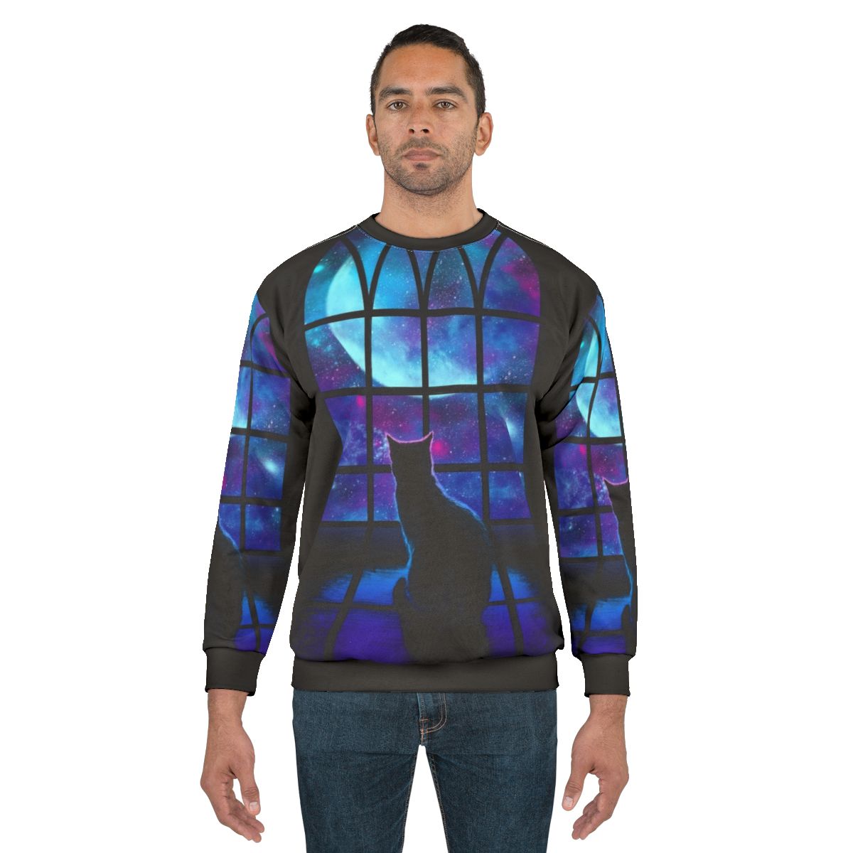 A stylish space-themed sweatshirt with a cute cat design