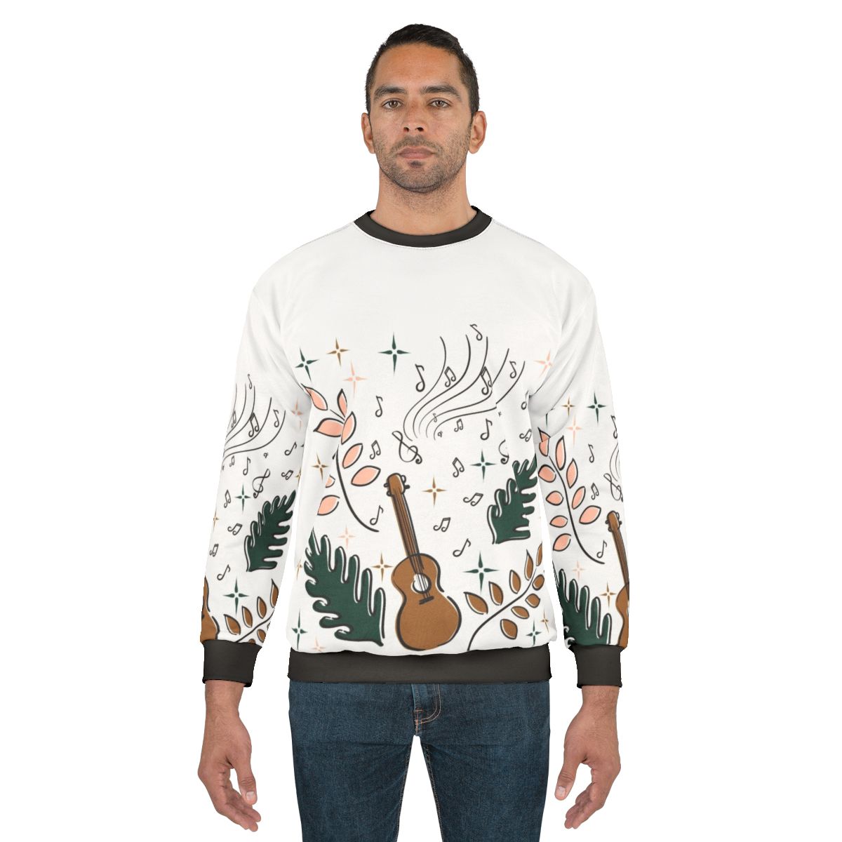 Ukulele sweatshirt with nature-inspired doodle design