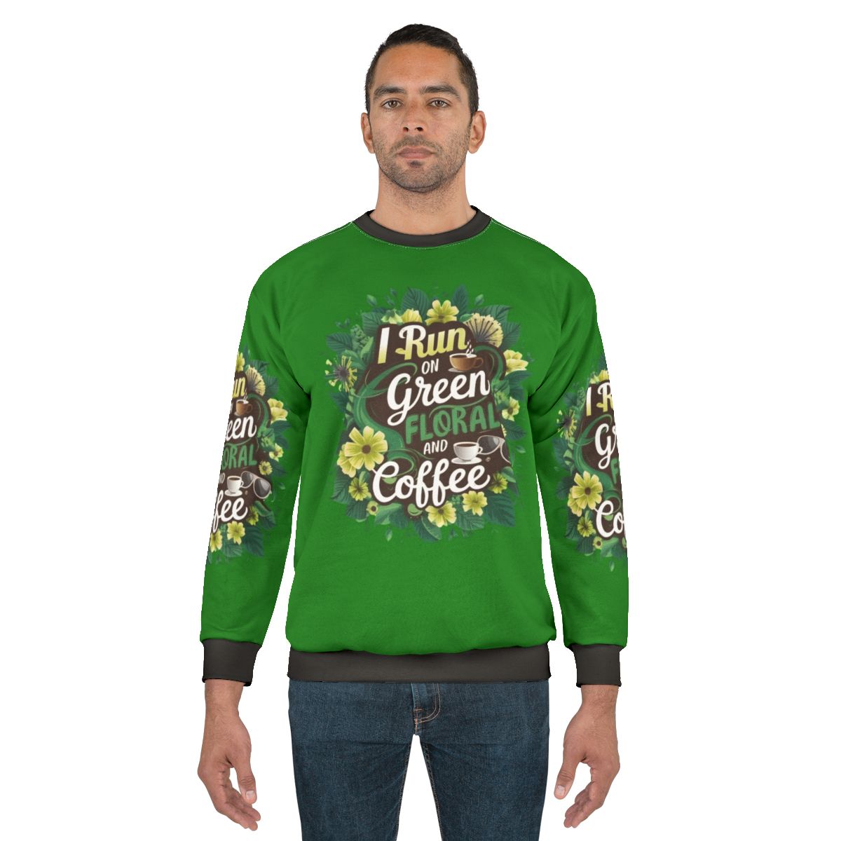 Floral and Coffee Inspired Green Sweatshirt