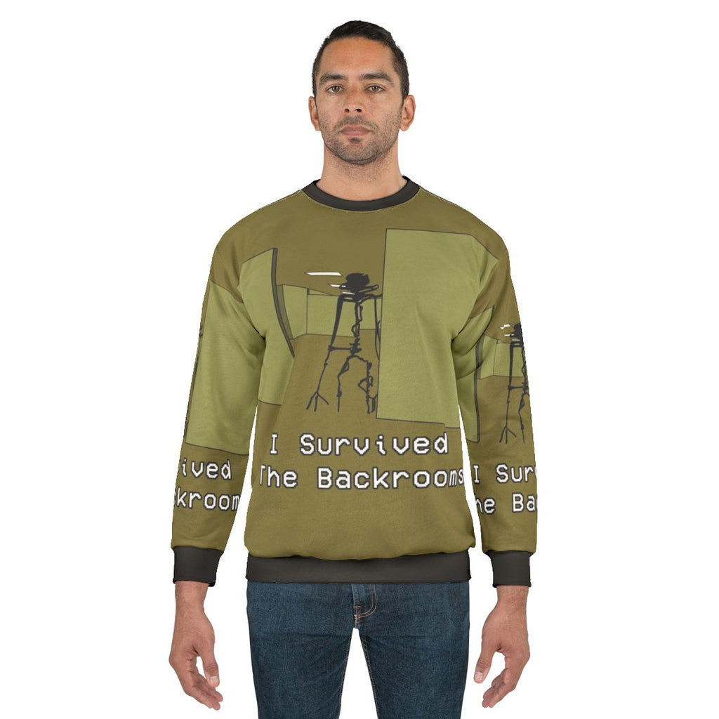 The Backrooms inspired creepy sweatshirt with horror fan art design