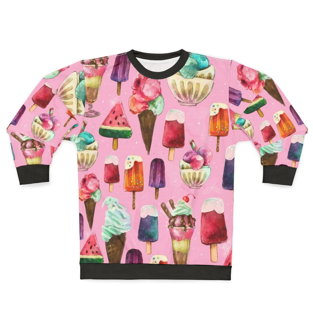 Woman wearing ice cream pattern sweatshirt