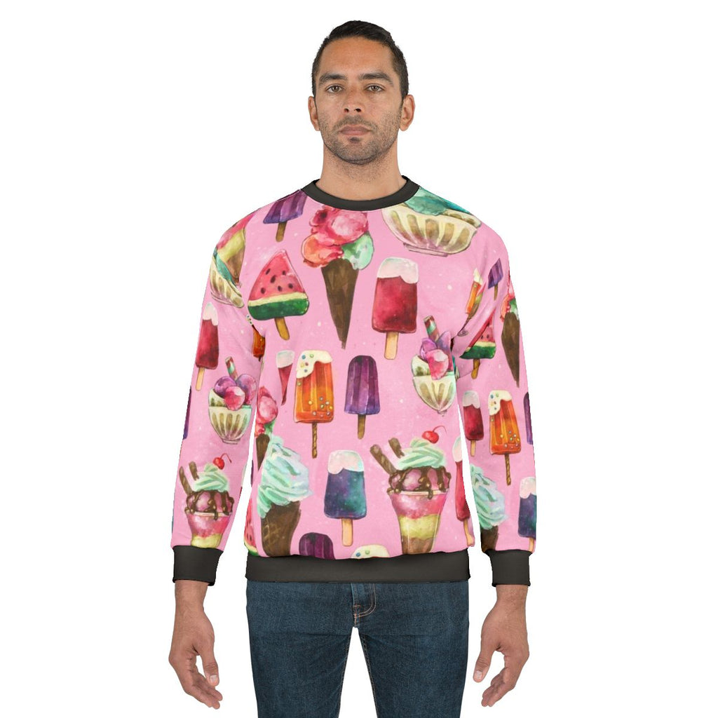Woman wearing ice cream pattern sweatshirt