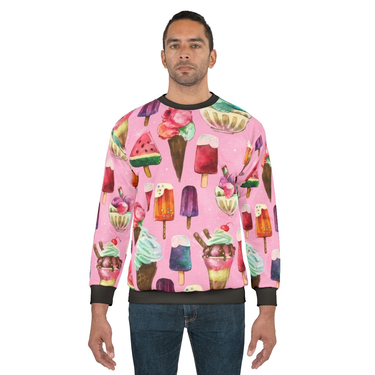 Woman wearing ice cream pattern sweatshirt