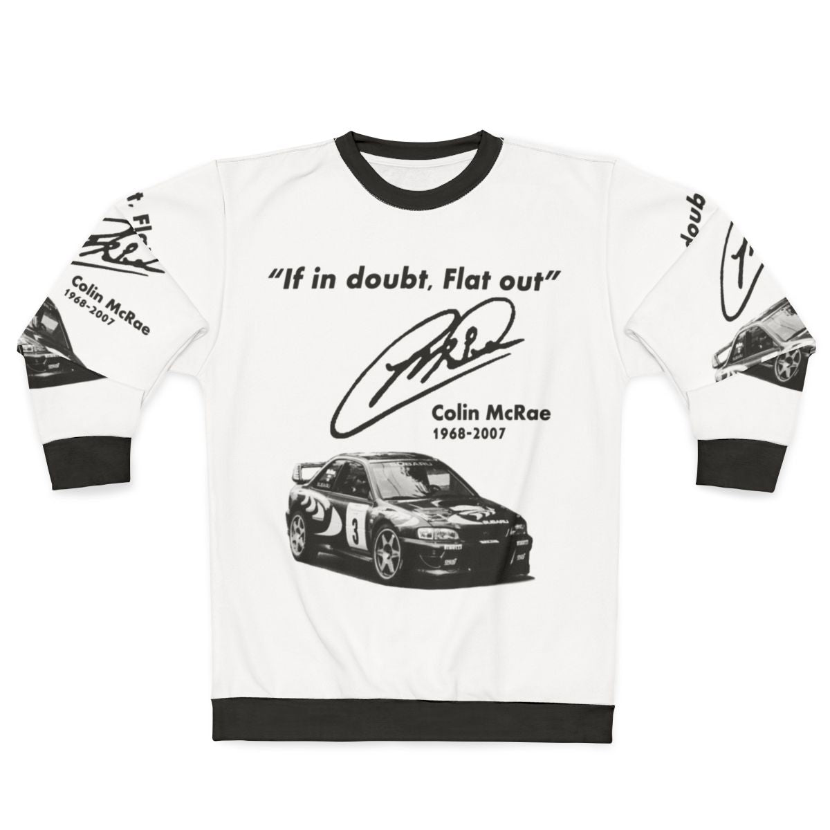 Subaru sweatshirt with "If In Doubt, Flat Out" motorsport design