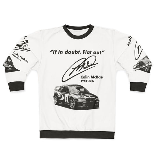 Subaru sweatshirt with "If In Doubt, Flat Out" motorsport design