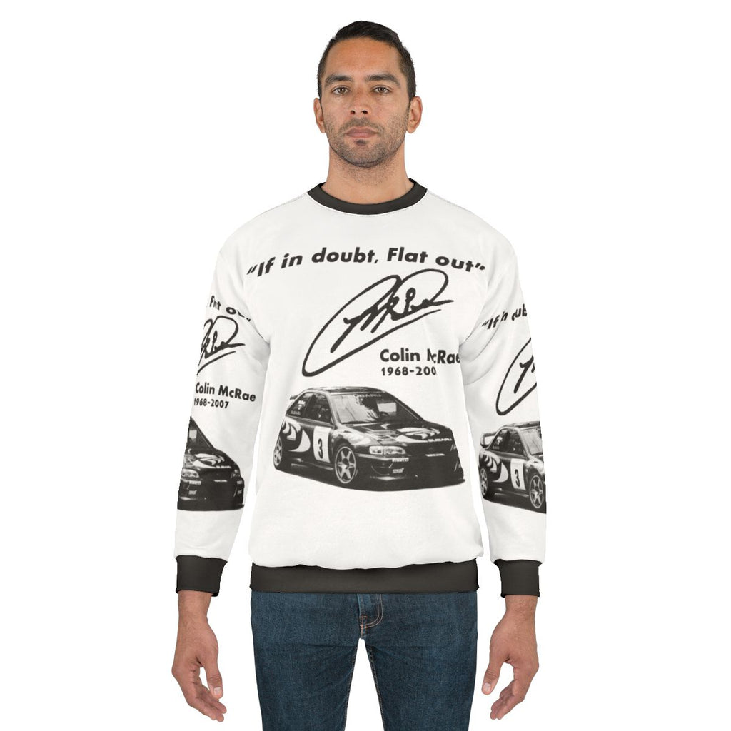 Subaru sweatshirt with "If In Doubt, Flat Out" motorsport design
