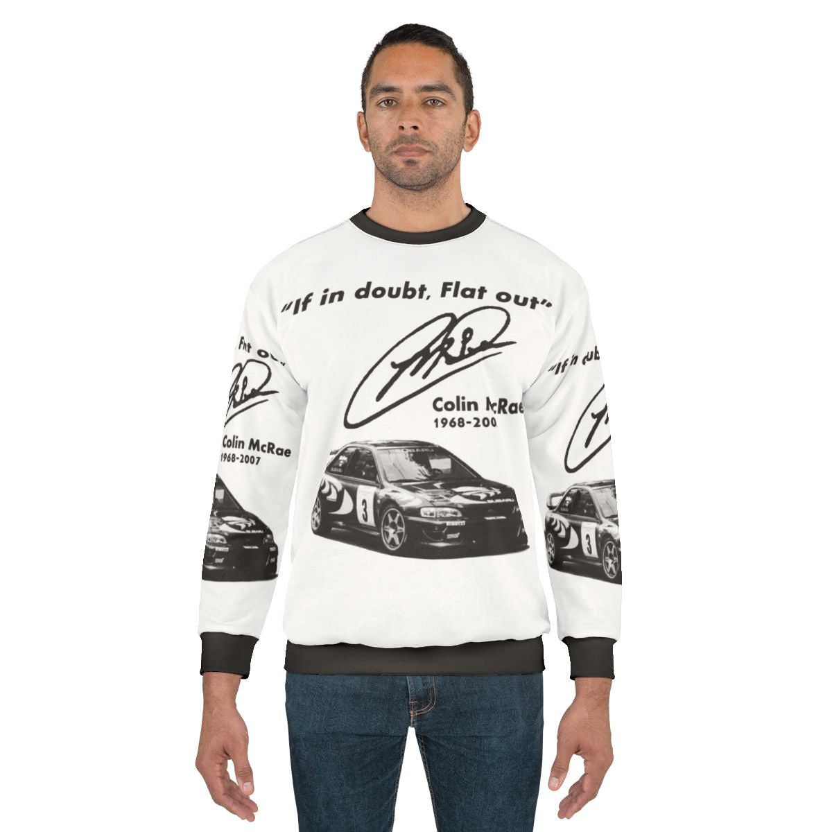 Subaru sweatshirt with "If In Doubt, Flat Out" motorsport design