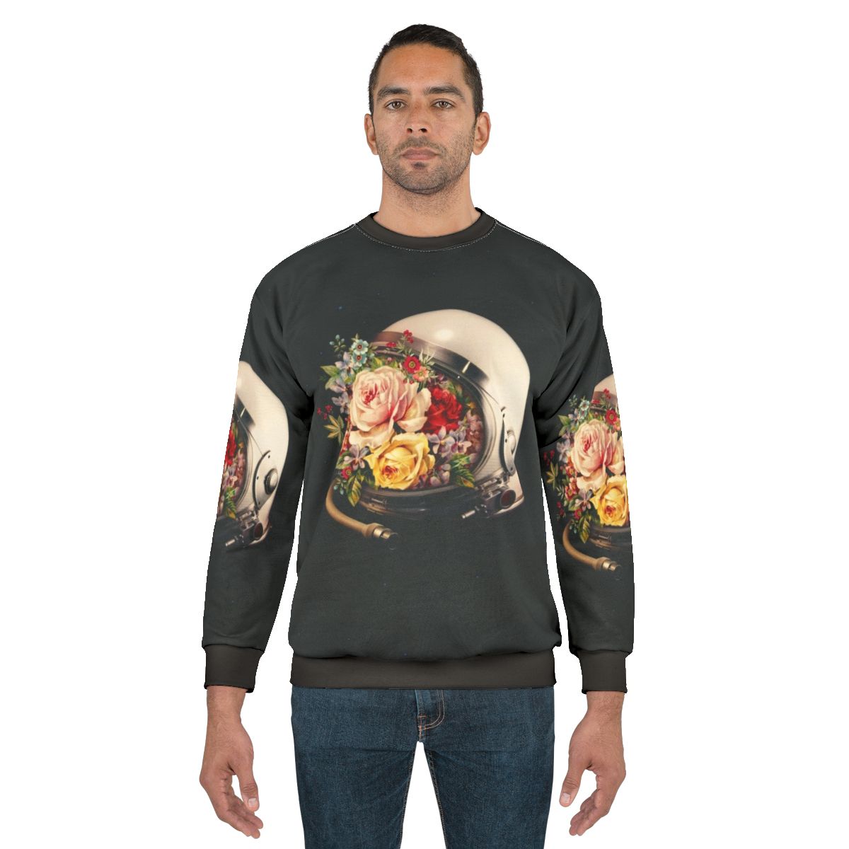 Celestial Bloom Astronaut Sweatshirt featuring a surreal collage of an astronaut, stars, and flowers