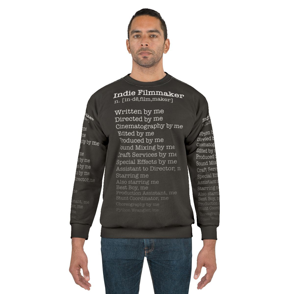 Indie filmmaker sweatshirt with filmmaking and movie-related design