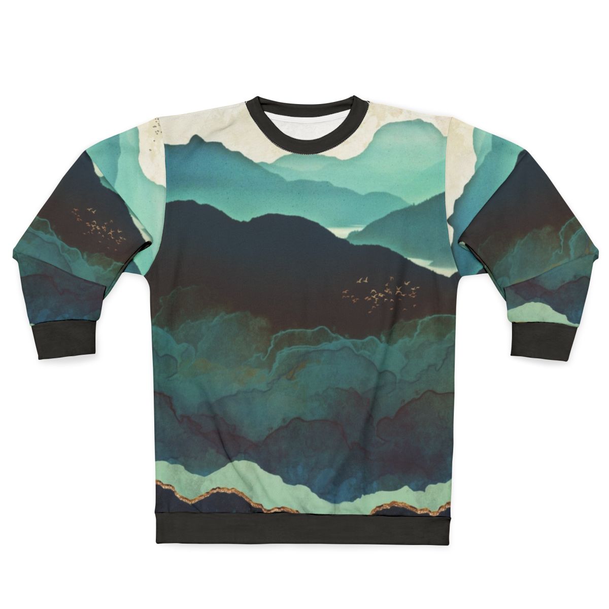 Indigo Mountains Sweatshirt with Serene Nature Landscape Graphic