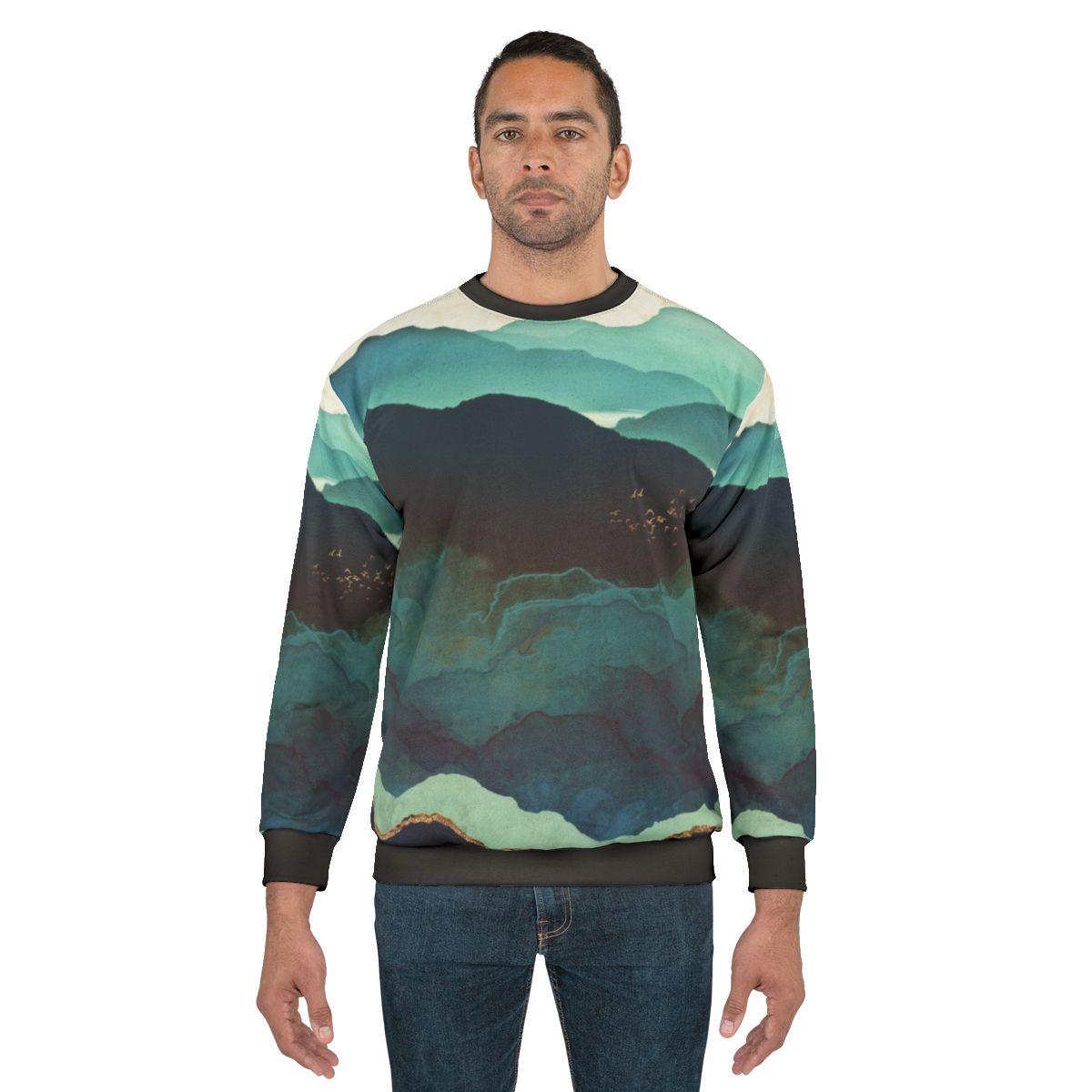 Indigo Mountains Sweatshirt with Serene Nature Landscape Graphic