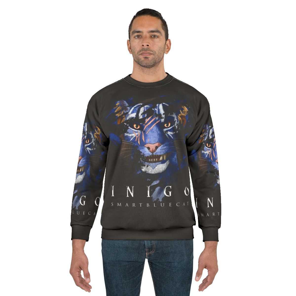Inigo the Khajiit companion from Skyrim featured on a dark sweatshirt